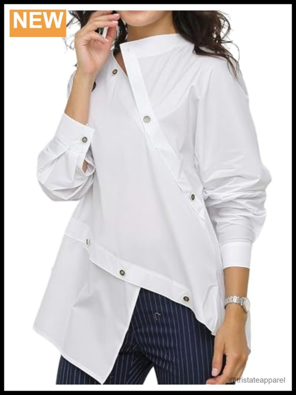 Cotton Asymmetric Hem Blouse Long Sleeve Button Up V-Neck